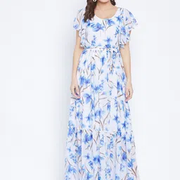 Bitterlime White & Blue Floral Georgette Maxi Dress-image-33