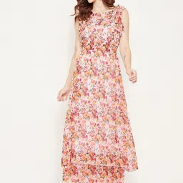Bitterlime Women Off White & Red Floral Georgette Layered Maxi Dress-image-38