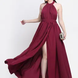 emeros Women Burgundy Halter Neck Crepe Maxi Dress-image-43