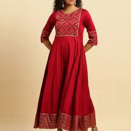 W Red Floral Embroidered Round Neck Sequinned Fit & Flare Maxi Ethnic Dress-image-78