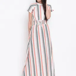 BAESD Striped High Neck Cotton Smocked Tie Up Maxi Dress-image-21