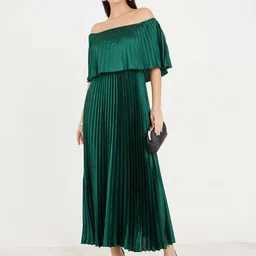 Styli Green Off Shoulder Accordion Pleats A Line Maxi Dress-picture-12