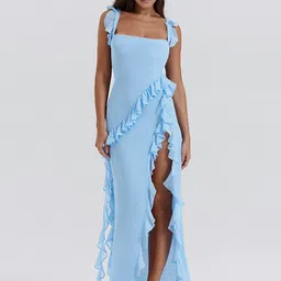 StyleCast Blue Shoulder Straps Ruffled Maxi Dress-picture-17