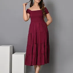 IQRAAR Off Shoulder Smocked Tiered Fit & Flare Midi Dress-picture-17