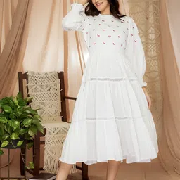 Aaheli Self Designed Lace Detailed High Neck Puff Sleeves Fit & Flare Dress-picture-18