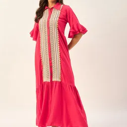 DRAPE AND DAZZLE Geometric Printed Shirt Collar Flared Bell Sleeve Maxi Dress-image-23