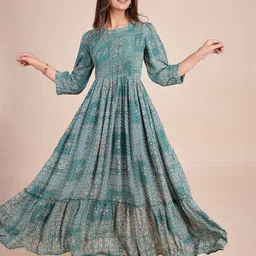 HOUSE OF MIRA Women Ethnic Motifs Print Bell Sleeve Maxi Dress-image-76