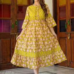 YASH GALLERY Ethnic Motifs Printed Gathered Or Pleated Cotton A Line Dress-picture-10