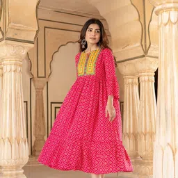 KALINI Ethnic Motifs Printed Tie-Up Neck Bell Sleeve A-Line Midi Dress-image-51
