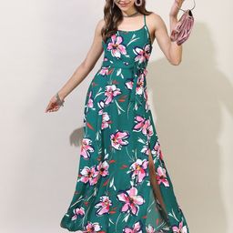 Tokyo Talkies Teal Green & Pink Floral A-Line Maxi Dress-image-41