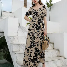 BAESD Floral Print Boat Neck Puff Sleeves Sheen Crepe Maxi Dress-image-35