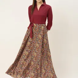 DressBerry Ethnic Motifs Printed Belted Maxi Flared Shirt Dress-image-73