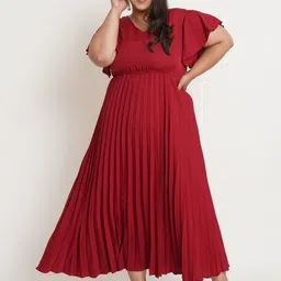 U&F Women Plus Size Maroon Accordion Pleated Maxi Dress-image-30