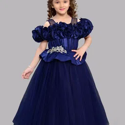 Pink Chick Girls Off-Shoulder Puff Sleeves Embellished Ruffled Net Fit & Flare Maxi Gown-5