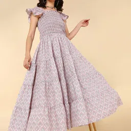 MALHAAR Geometric Printed Square Neck Flutter Sleeves Smocked Maxi Dress-6
