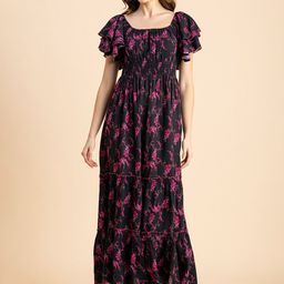 Moomaya Floral Printed Flutter Sleeves Smocked Fit & Flare Dress-image-60