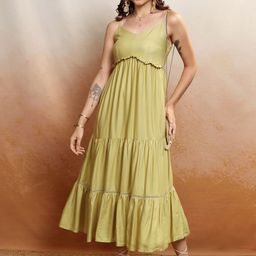 Vishudh Mustard Yellow Shoulder Straps Tiered  Empire Maxi Dress-image-84