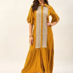 DRAPE AND DAZZLE Geometric Printed Shirt Collar Flared Bell Sleeve Maxi Dress-picture-26