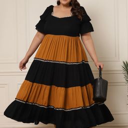 DEEBACO Plus Size Square Neck Colourblocked Puff Sleeve Maxi Dress-82