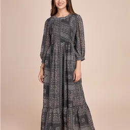 HOUSE OF MIRA Ethnic Motifs Print Puff Sleeve Maxi Fit and Flare Dress-picture-14