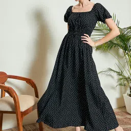 KASSUALLY Black Polka Dot Printed Puff Sleeves Maxi Dress-image-57