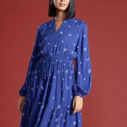 all about you Ethnic Motifs Print Waist Tie-Up A-Line Midi Dress-image-14