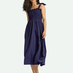 AASK Blue Crepe Smocked Midi Fit & Flare Dress-picture-52