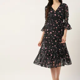DressBerry Black & Red Floral Printed Bell Sleeve Wrap Midi Dress-13