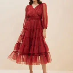 Antheaa Rust Puff Sleeve Net Empire Midi Dress-image-70