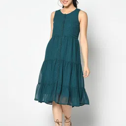 SQew Geometric Printed Sleeveless Georgette Tiered Fit & Flare Midi Dress-17