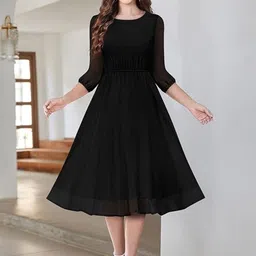 KALINI Round Neck Puff Sleeves Georgette Fit & Flare Midi Dress-image-19