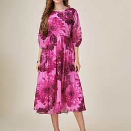 MOJILAA Floral Printed Puff Sleeve Georgette Fit & Flare Midi Dress-image-87