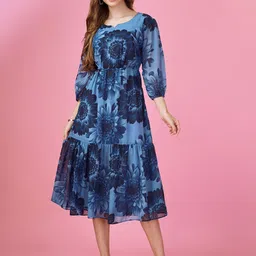 MOJILAA Floral Printed Puff Sleeve Georgette Fit & Flare Midi Dress-image-82