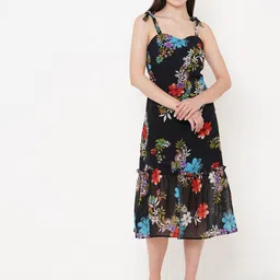 MISH Black Floral Printed Tie-Up Shoulder Strap Fit & Flare Midi Dress-picture-3