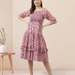 BAESD Floral Printed Georgette Tiered Fit and Flare Midi Dress-image-31