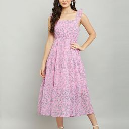 Absorbing Floral Print Georgette Fit & Flare Midi Dress-image-3