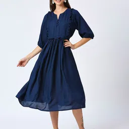 Pink Guava Puff Sleeve Gathered or Pleated A-Line Midi Dress-image-75