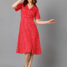 Kotty Red & White Abstract Printed A-Line Midi Dress-image-1