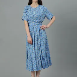 Kotty Blue Floral Printed Fit & Flare Midi Dress-image-4