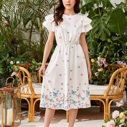 BAESD Printed Flutter Sleeve Fit & Flare Midi Dress-image-93