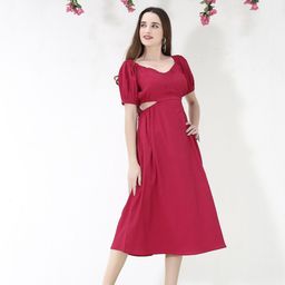 Sera Fuchsia Pink Puff Sleeves Cut-Out Detailed A-Line Dress-picture-32
