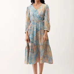 AASK Ethnic Motifs Printed Tiered Gather Detailed Fit & Flare Dress-6