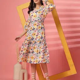 LARGISH Floral Print Puff Sleeve Fit & Flare Midi Dress-image-4