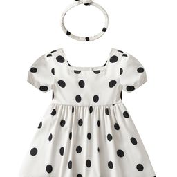 StyleCast White Polka Dot Printed Puff Sleeve Cotton Fit & Flare Dress With Hairband-image-63