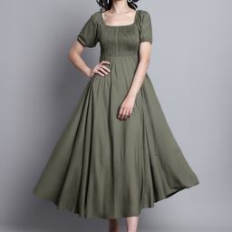 Aawari Square Neck Smocked Puff Sleeve Midi Dress-image-99