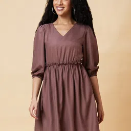 Globus Taupe V-Neck Puff Sleeve Gathered A-Line Dress-image-69
