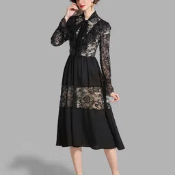 JC Collection Women Black Ethnic Motifs Tie-Up Neck Net A-Line Midi Dress-picture-1
