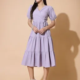Strong And Brave Puff Sleeves Wrap Midi Dress-45