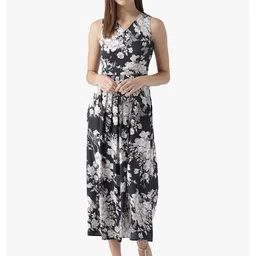 DODO & MOA Black Floral Crepe A-Line Midi Dress-image-93