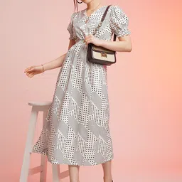 KALINI Geometric Printed V-Neck Gathered or Pleated Crepe A-Line Maxi Dress-16